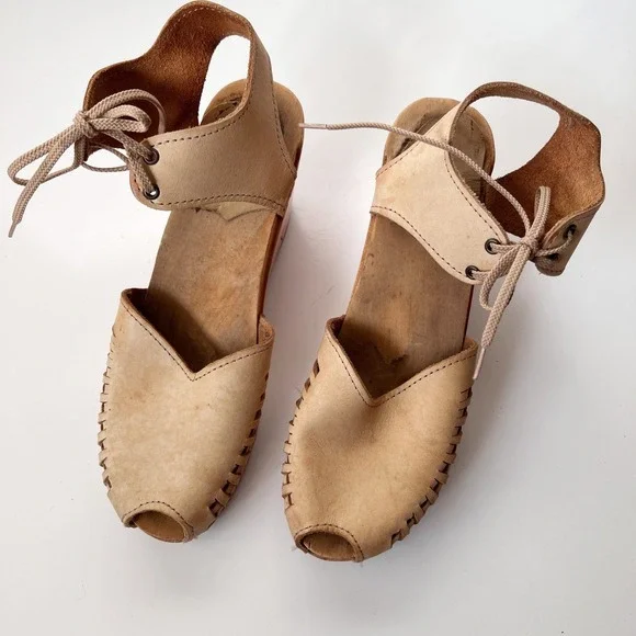 No. 6 Clogs Tan Leather Wooden Platform Wedge Sandals Lace Up Peep Toe Size 40 - Picture 5 of 10